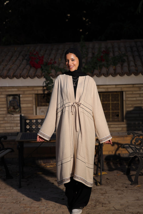 linen embroidered cardigan with drawstring