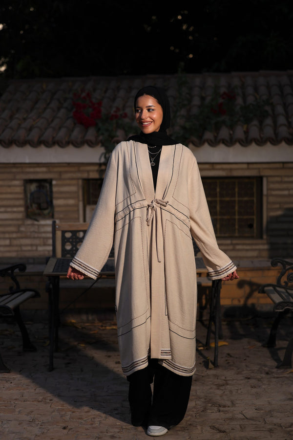 linen embroidered cardigan with drawstring