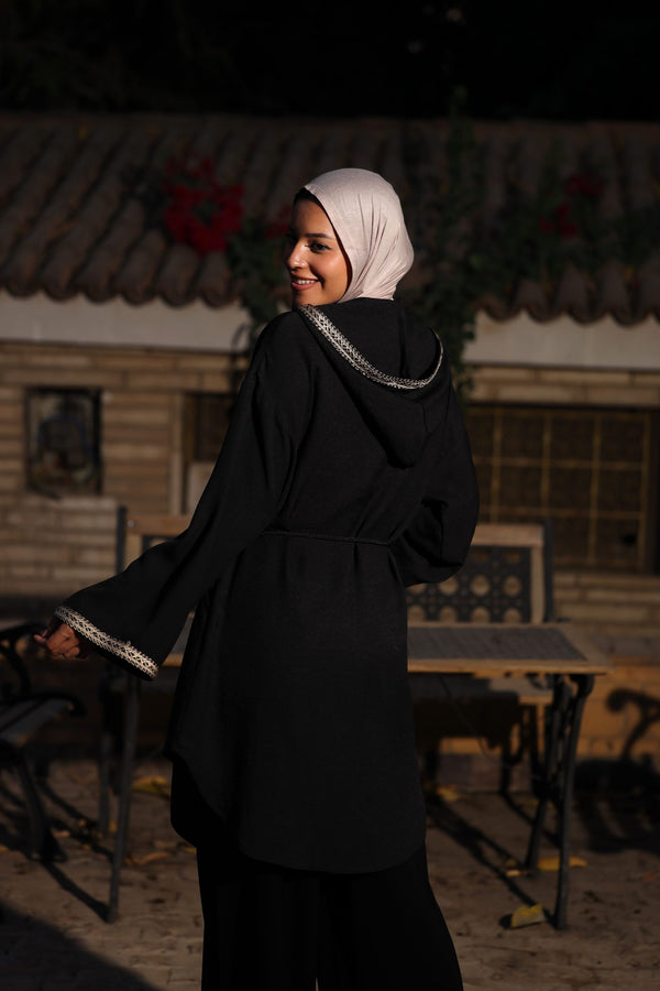 Embellishedhooded cardigan with braided belt