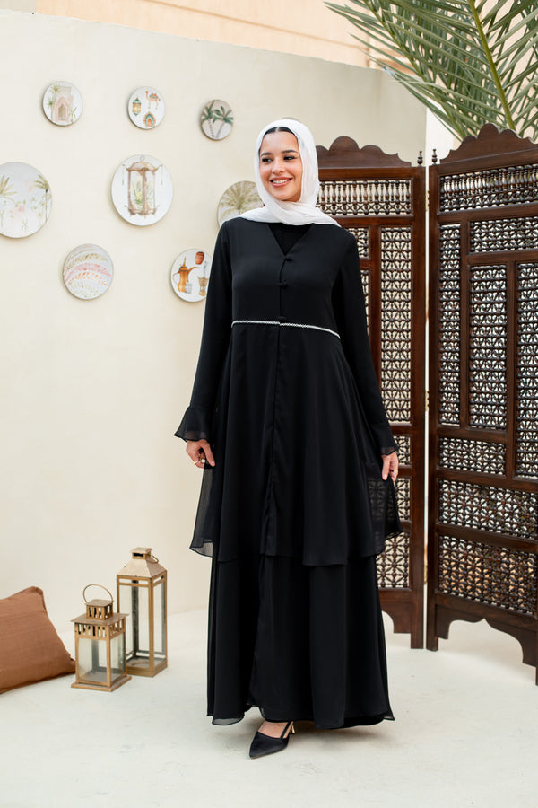 layered chiffon Open Abaya with ruffled sleeves
