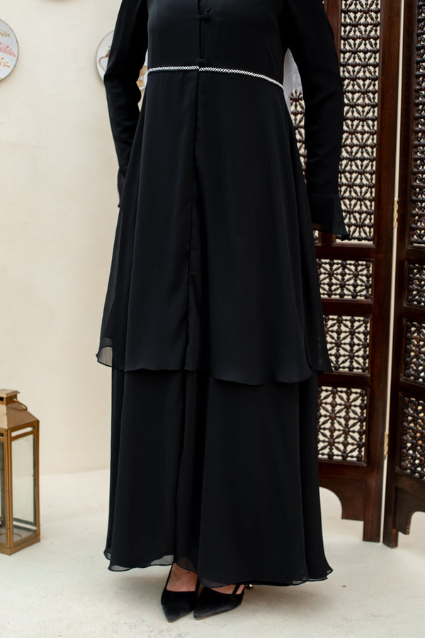 layered chiffon Open Abaya with ruffled sleeves