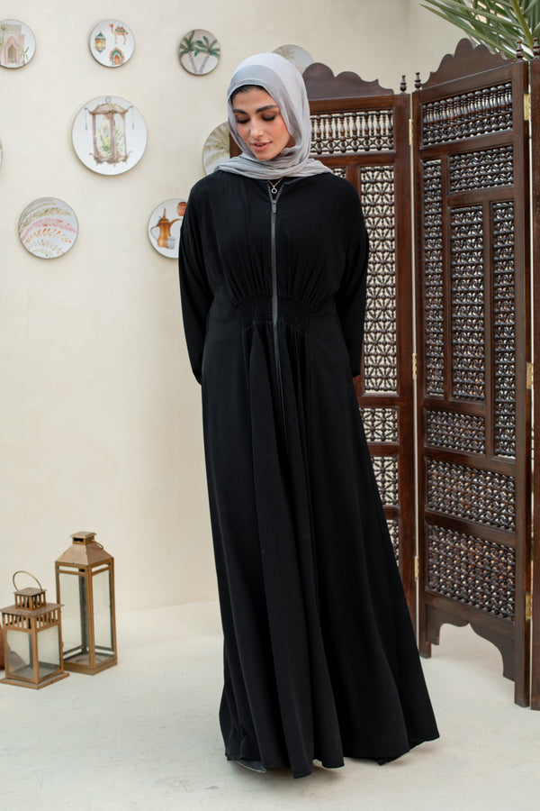 Elastic zip up abaya dress