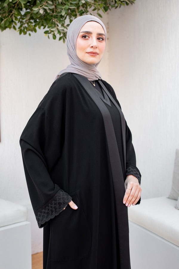 Crepe * Satin Open Abaya with lace