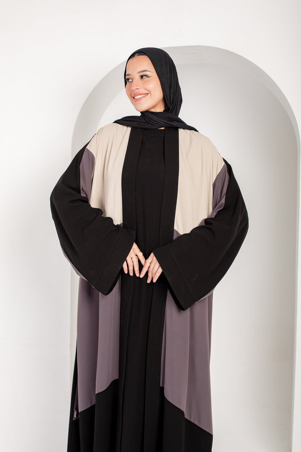 Color block black , grey and beige open abaya