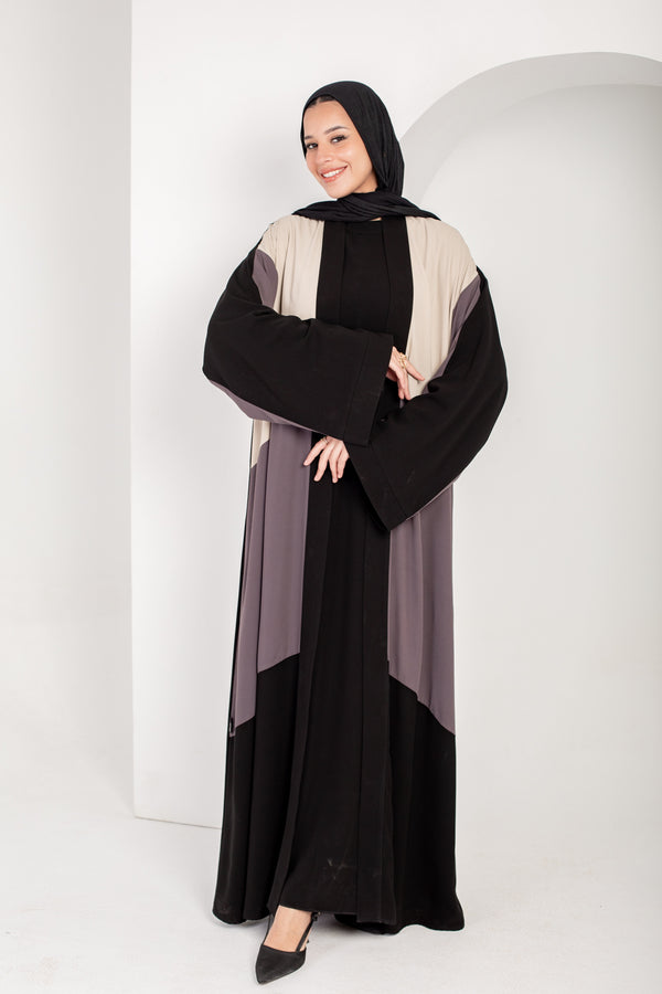 Color block black , grey and beige open abaya