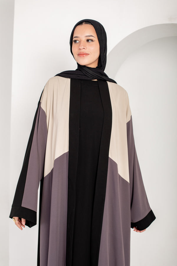 Color block black , grey and beige open abaya