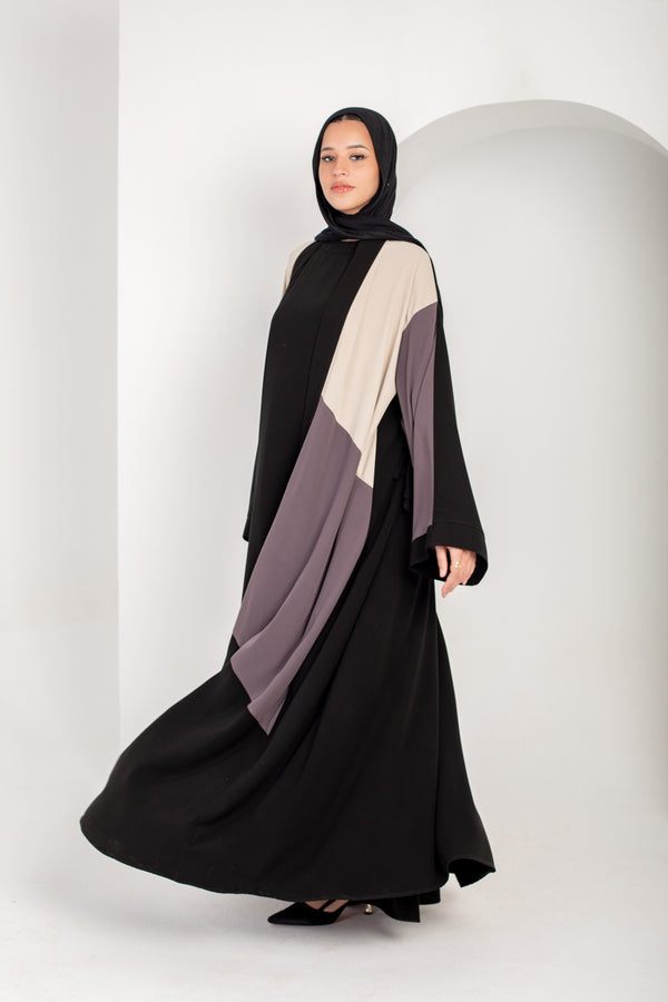 Color block black , grey and beige open abaya