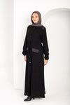 Closed button up abaya with dainty satin detailing