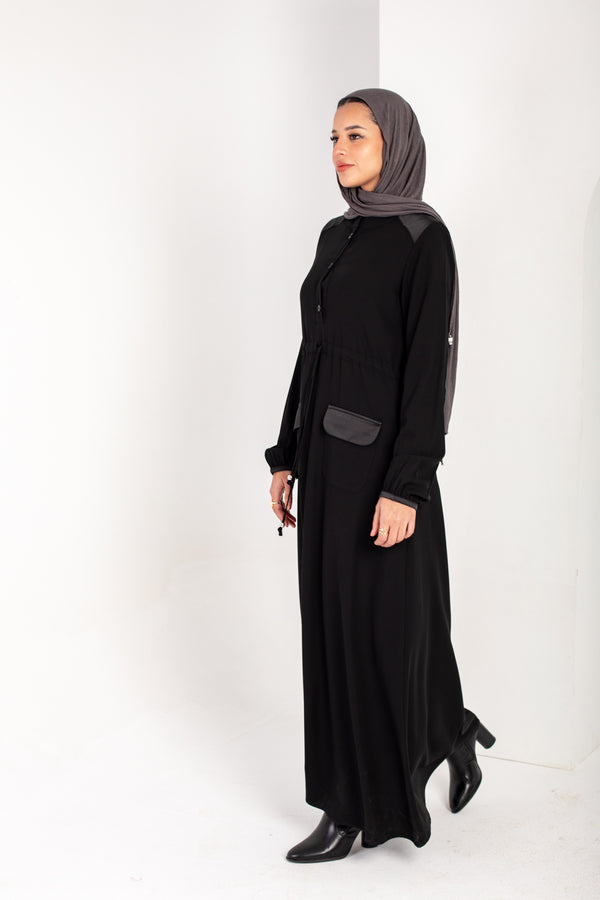 Closed button up abaya with dainty satin detailing