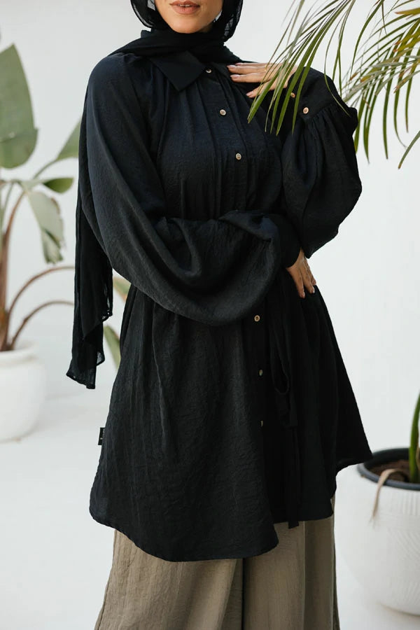 Black raglan crunched silk blouse with belt