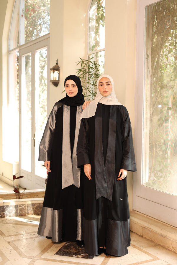 Dual-Fabric elegant open Abaya black 1842