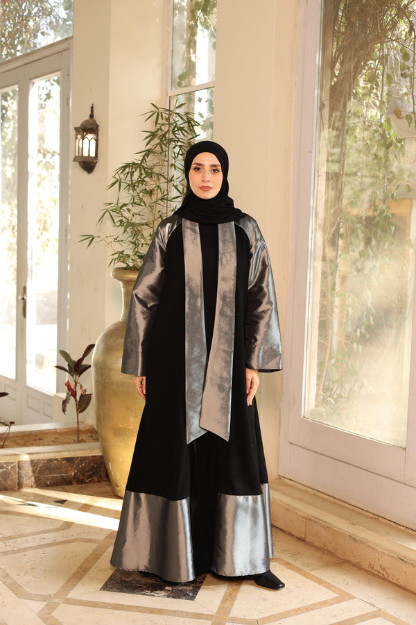Dual-Fabric elegant open Abaya black 1842