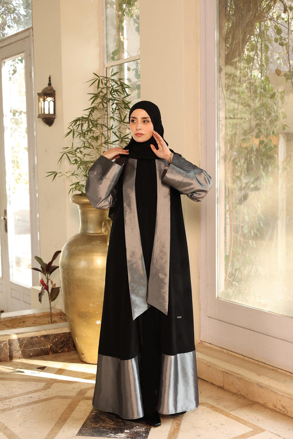 Dual-Fabric elegant open Abaya black 1842