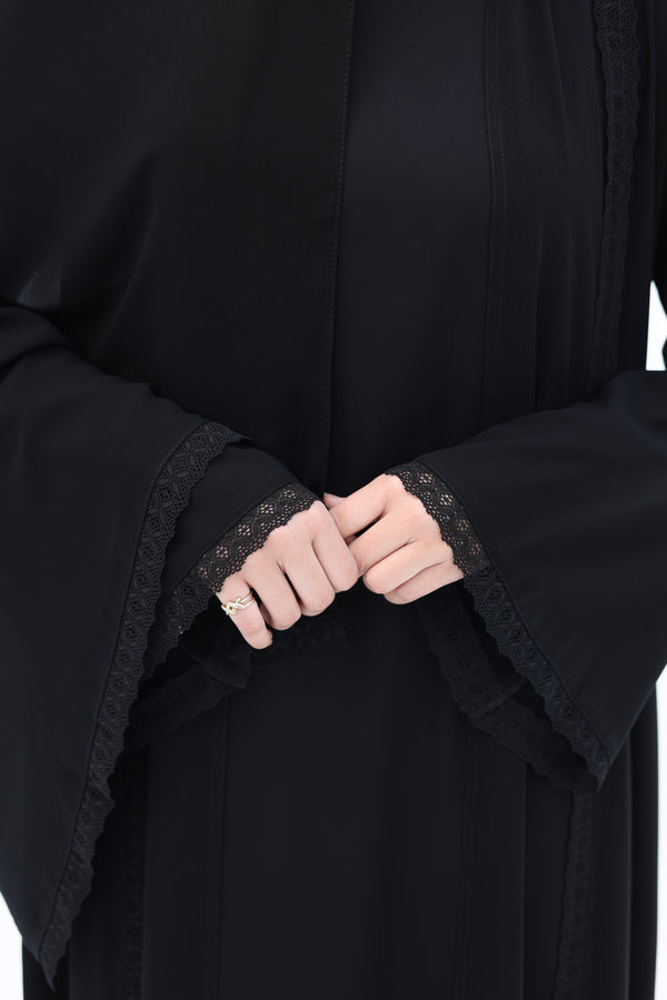 lace trim open abaya
