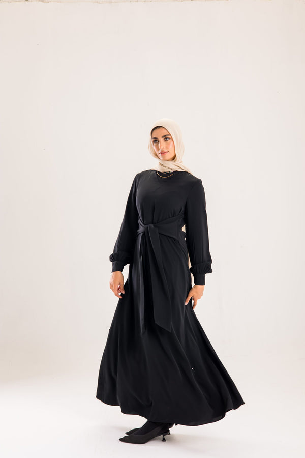 Light silky Tulip abaya with a waist tie.