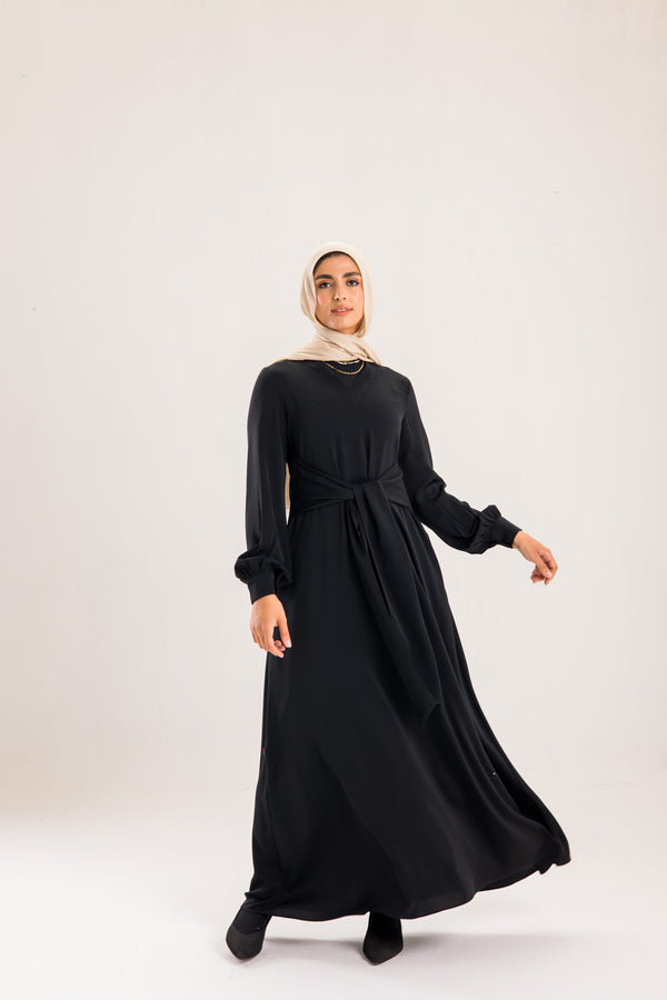 Light silky Tulip abaya with a waist tie.