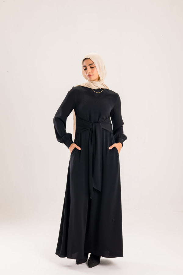 Light silky Tulip abaya with a waist tie.