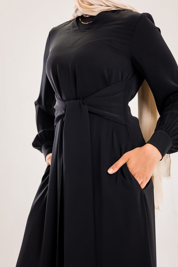 Light silky Tulip abaya with a waist tie.