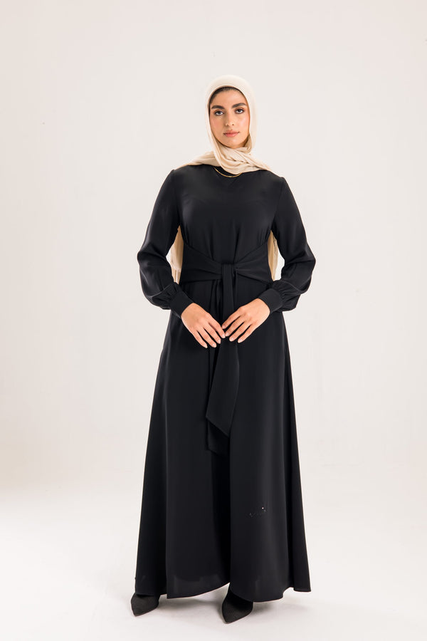 Light silky Tulip abaya with a waist tie.