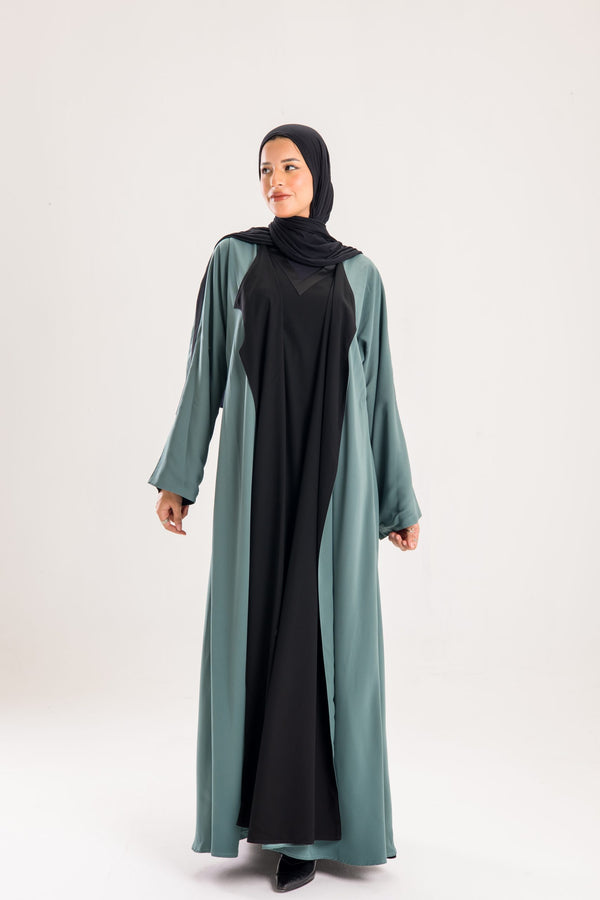 Double Sided crepe Abaya , black X dark mint green