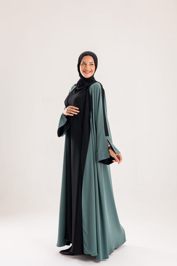 Double Sided crepe Abaya , black X dark mint green