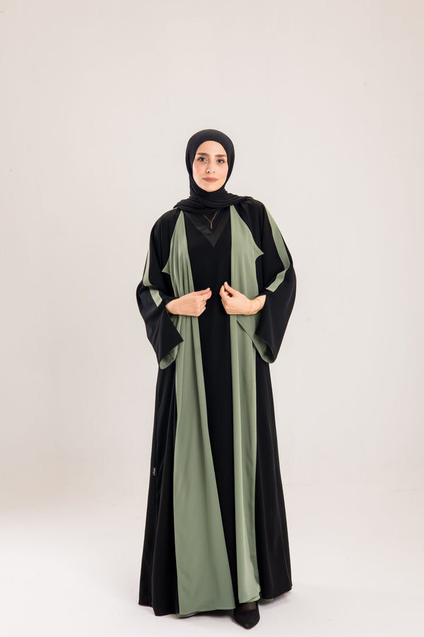 Double Sided crepe Abaya , black X olive green