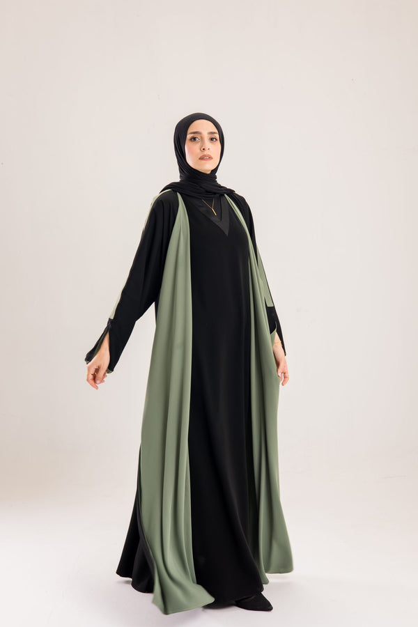 Double Sided crepe Abaya , black X olive green