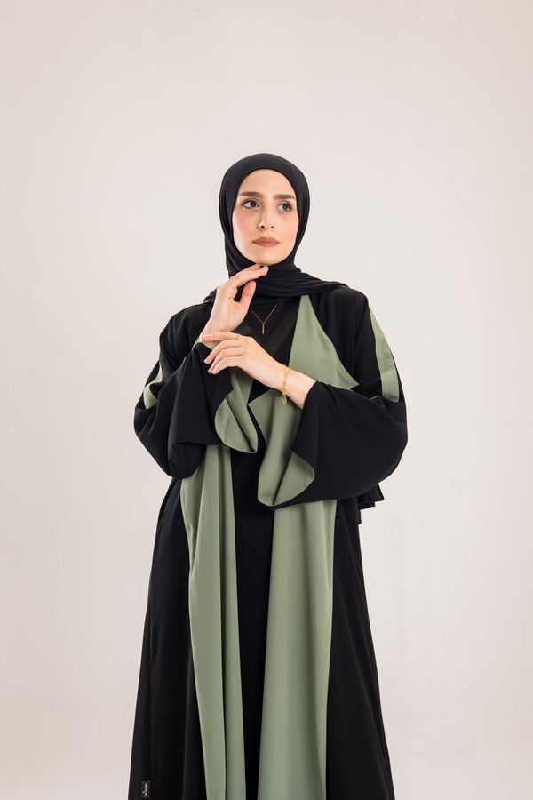 Double Sided crepe Abaya , black X olive green