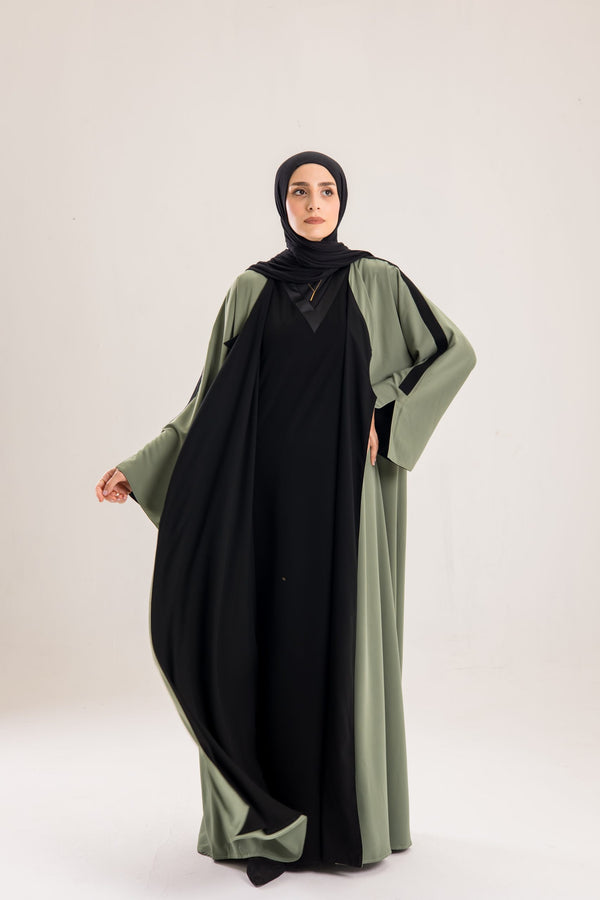 Double Sided crepe Abaya , black X olive green