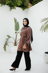 Light brown raglan crunched silk blouse with belt