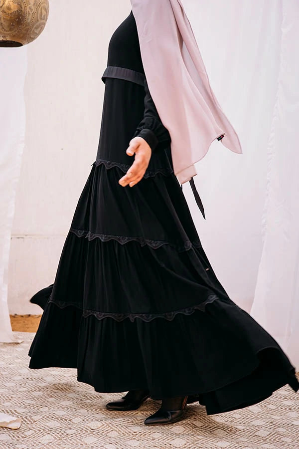 Layers abaya with lace detailing and satin belt