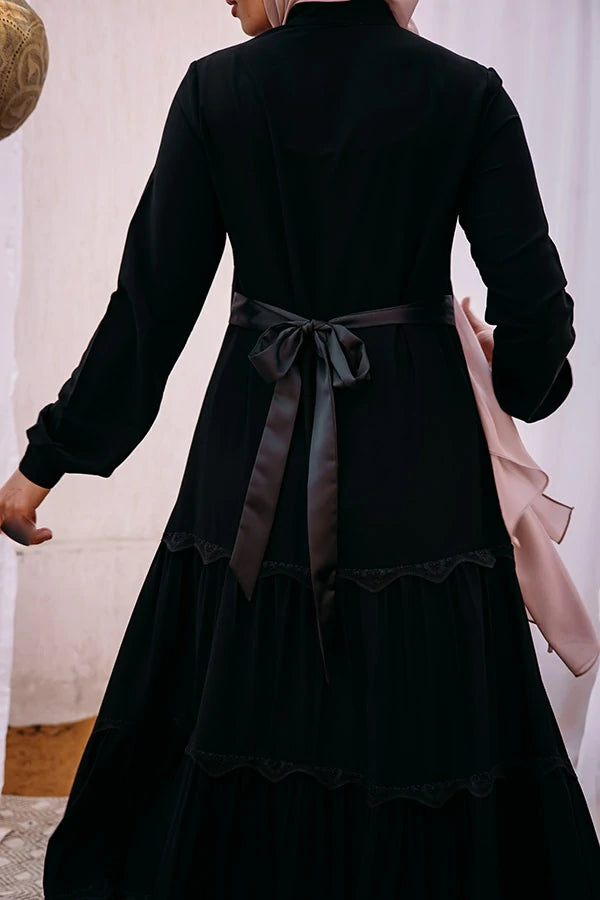 Layers abaya with lace detailing and satin belt