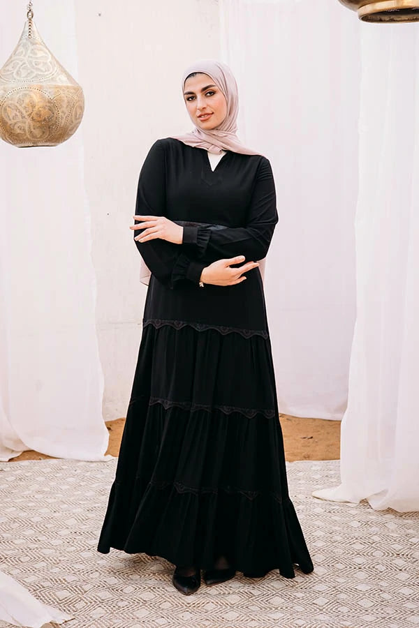 Layers abaya with lace detailing and satin belt