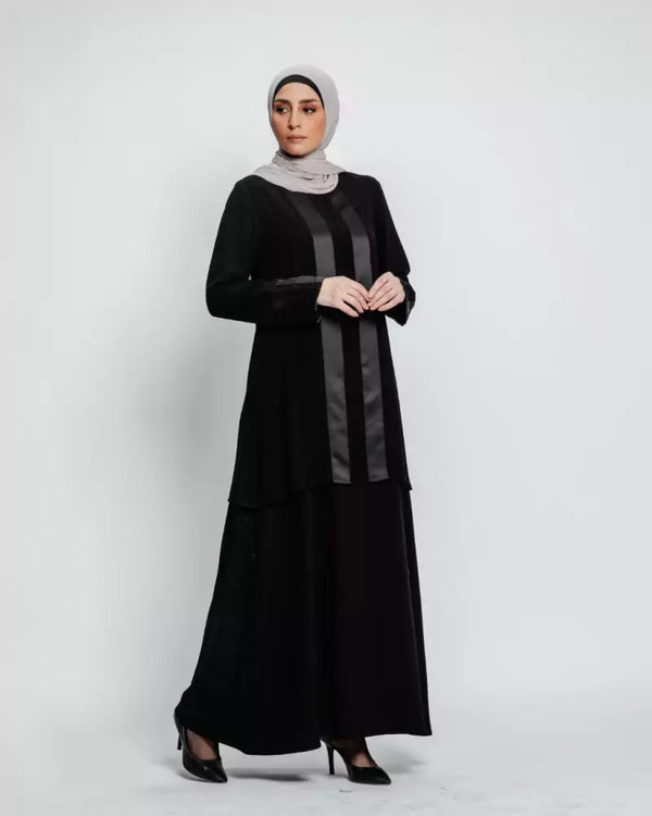 Tulip Abaya With satin stripes - Black Chiffon Scarf included