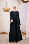 Cloche silk abaya with satin belts on sleeves and chest.