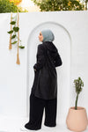 black sweatshirt with faux leather back