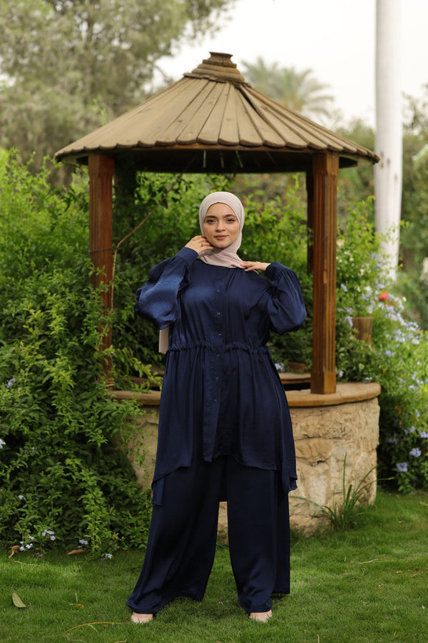 Set of drawstring top and wide leg pants