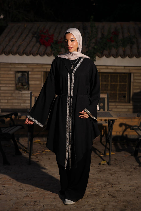 Embellishedhooded cardigan with braided belt