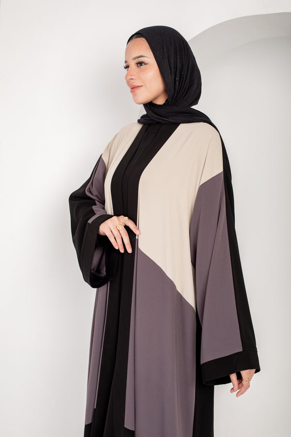 Color block black , grey and beige open abaya