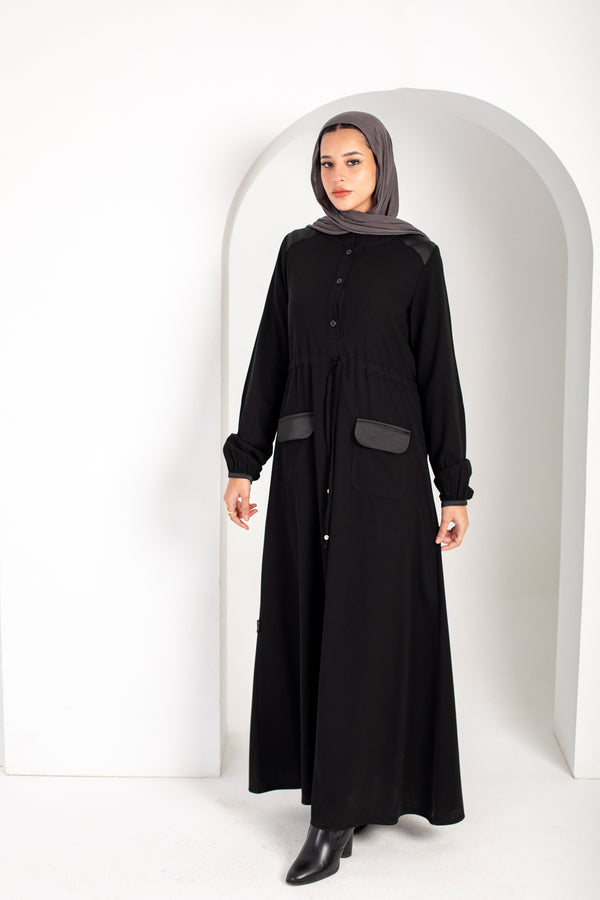 Closed button up abaya with dainty satin detailing