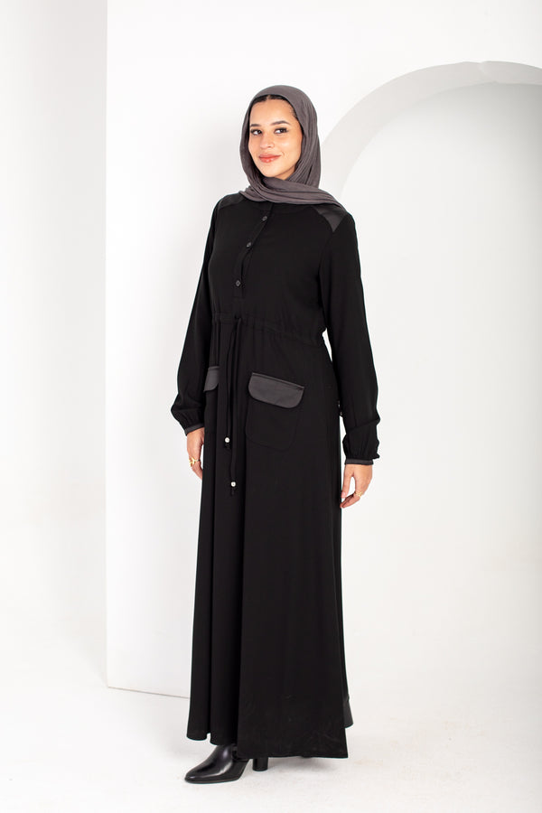 Closed button up abaya with dainty satin detailing