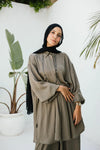 Crunched silk blouse- short , olive green .