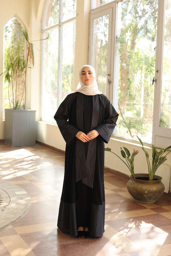Dual-Fabric elegant open Abaya black 1842