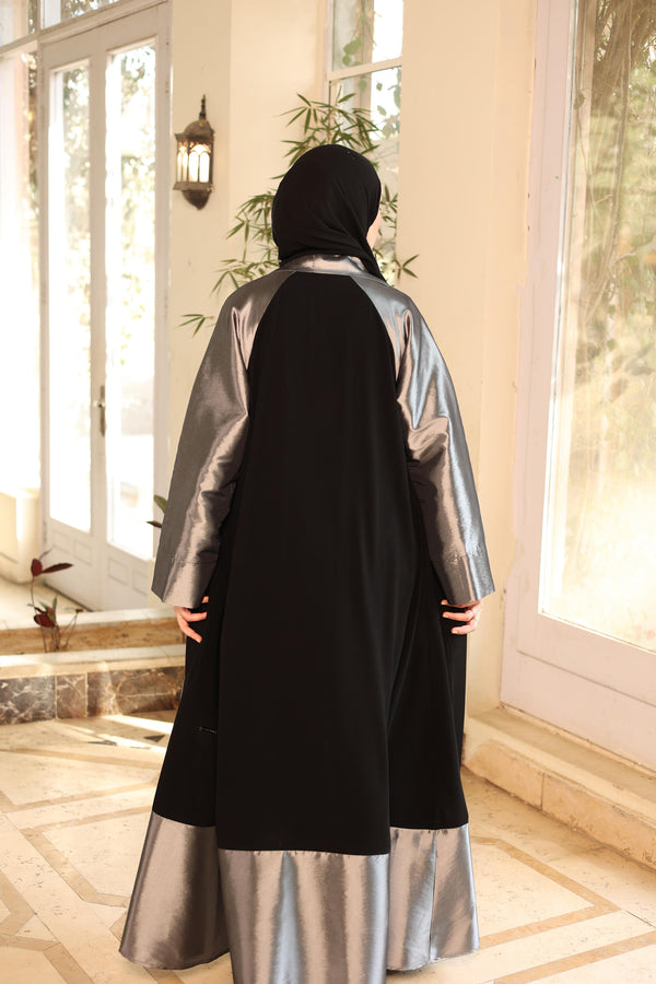 Dual-Fabric elegant open Abaya black 1842