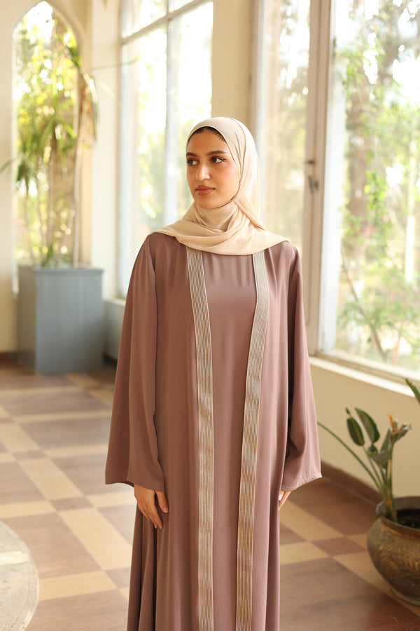 Shine Trim Abaya Set cafe