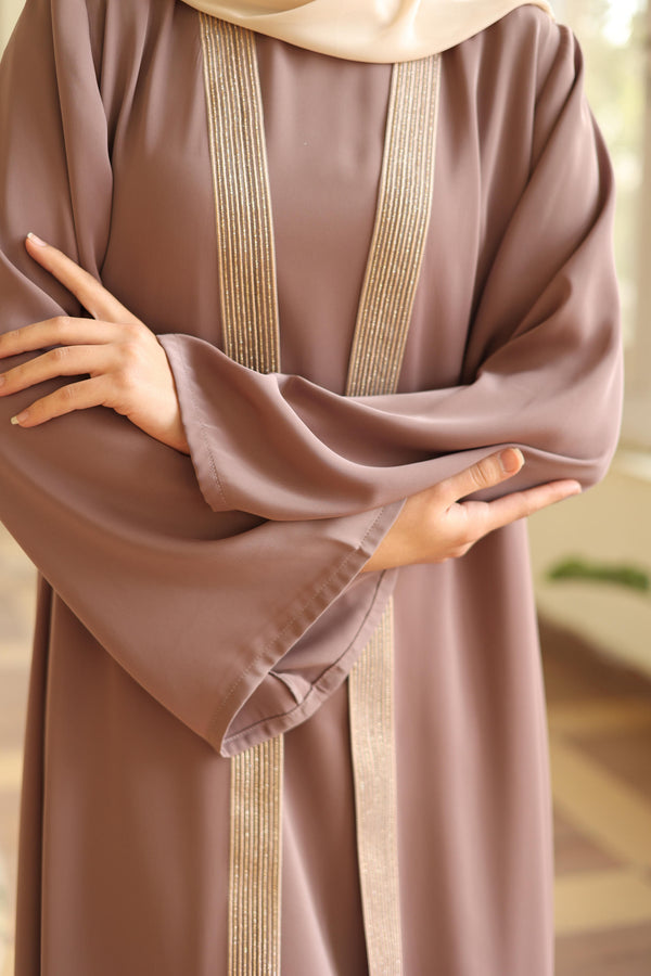Shine Trim Abaya Set cafe