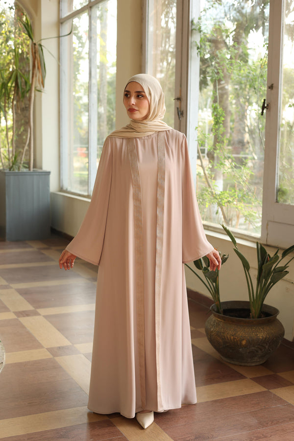 Shine Trim Abaya Set beige