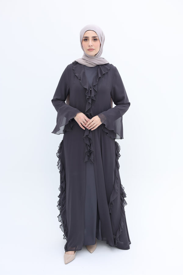 Chiffon Ruffle Abaya Set grey