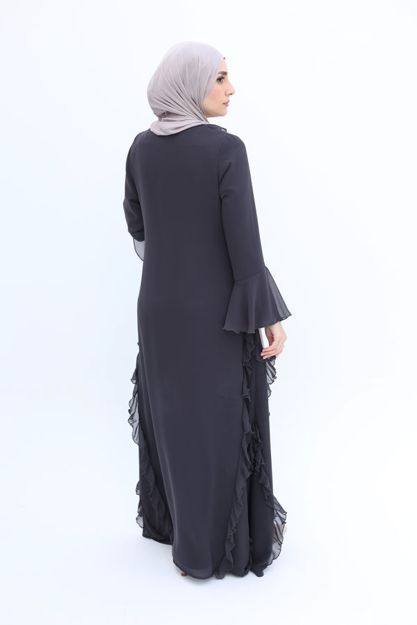 Chiffon Ruffle Abaya Set grey