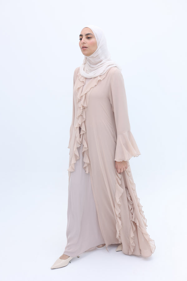Chiffon Ruffle Abaya Set beige